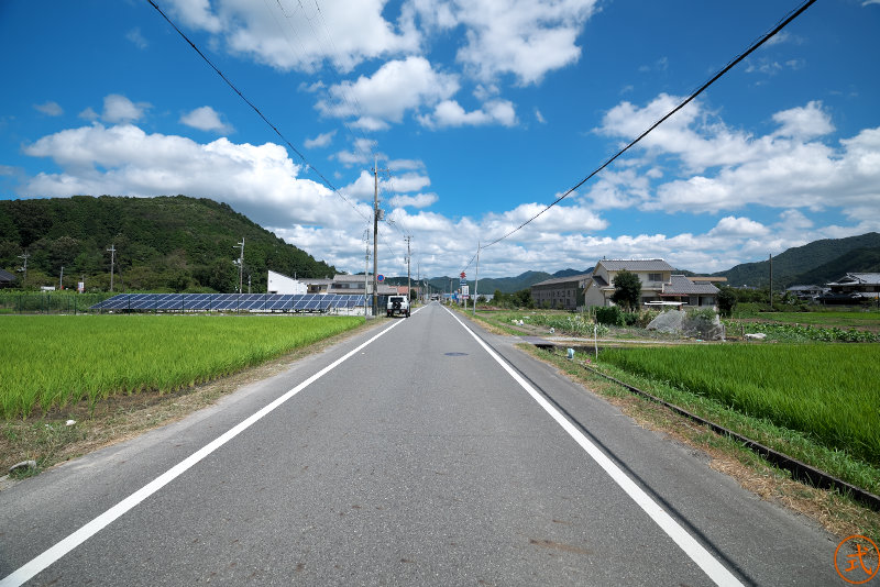 右側（北）を望む。この道路は兵庫県道296号中安田市原線の多可町方面。駐車場が無いので邪魔にならないところに駐車させていただいた。