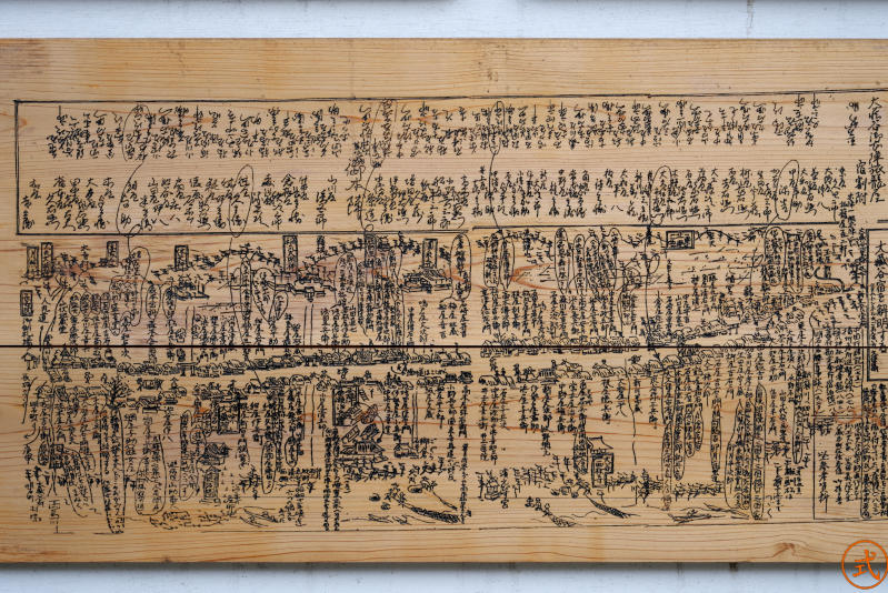 社務所前にある江戸時代の町並みを図にしたもの。ジックリ見ていると面白い、町並みのほぼ真ん中に橋爪大明神とある。