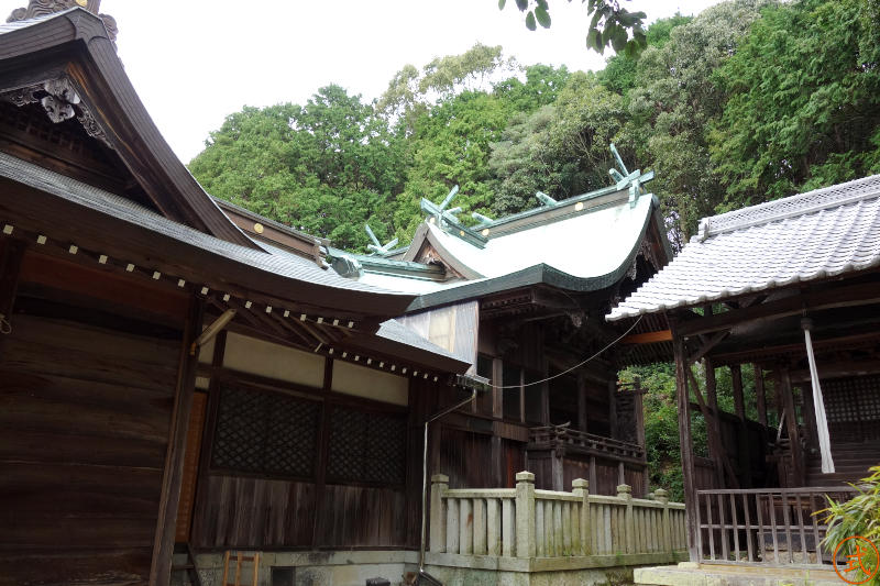 拝殿後方に幣殿、その後方に本殿がある。記録によると寛政10年（1798年）の建築のようだが状態は良いように見える。久須善兵衛政清・中井丈五郎正忠による彫り物が施されているのだがよく見えないのが残念。
